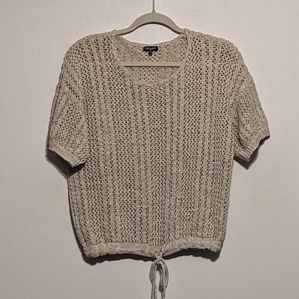 Splendid Beige Knit Cropped Oversize Boxy Tie Waist Sweater - size Small